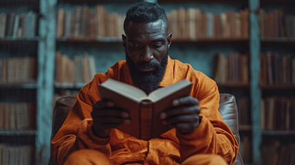 a prisoner reads a book in the prison library