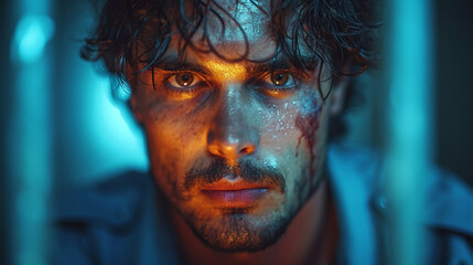 Prisoner beyond the bars of the prison cell, restriction of freedom