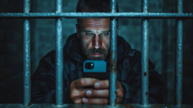 Prisoner behind bars holding phone