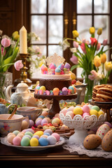 Obraz na płótnie Canvas Heartwarming Easter Celebration: A Family's Traditions and Delicious Spread Captured in an Image