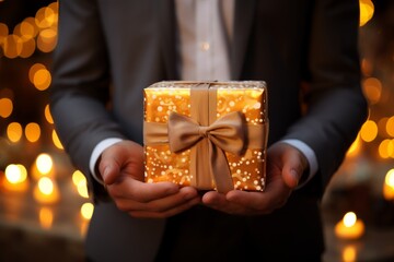 Man holding gift box on bokeh lights background.