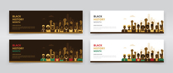 Web banner or header templates featuring African American people in front of background of power fists and cityscape. Ideal for Black History Month programs - obrazy, fototapety, plakaty