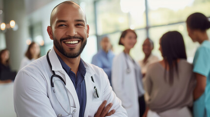  Portrait of doctor consulting with a diverse group of patients in a modern clinic with medical staff in the background - obrazy, fototapety, plakaty