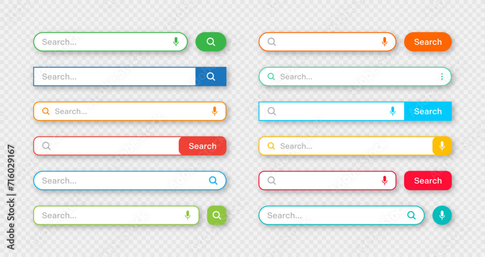 Fototapete Colorful search bar templates. Internet browser engine with search box, address bar and text field. UI design, website interface element with web icons and push button. Vector illustration