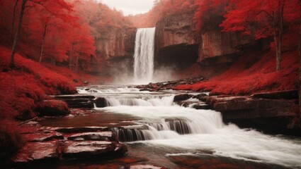 water fall in view red tone forest