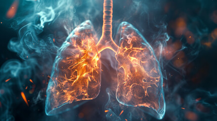 Glowing Human Lungs Visualization Amid Smoke