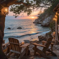 Tranquil coastal sunset scene with rustic chairs overlooking the ocean, set beneath lantern-lit trees. Perfect for travel inspiration, nature retreats, and outdoor relaxation by the sea