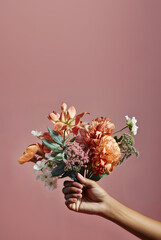 Bouquet of flowers in female hands, Mother's Day - 716029383