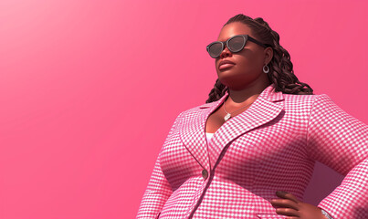Obraz premium Confident Woman in Pink Houndstooth Jacket, Fashionable Elegance with Sunglasses