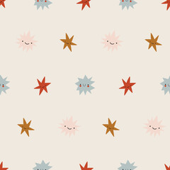Hand drawn cosmos pattern. Cute stars and abstract patterns. Perfect for kids fabric, textile, nursery wallpaper. Vector illustration. © Anastasia