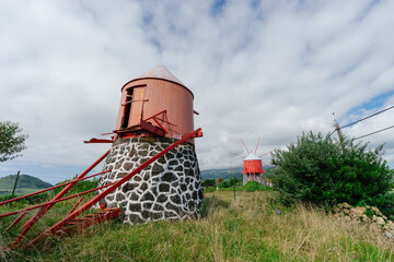 Traditional red and white windmill on Faial Island, Azores