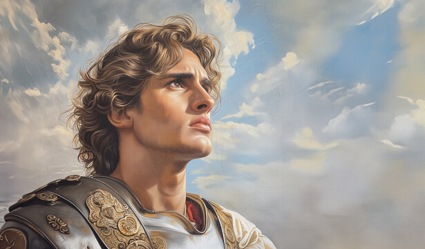 Alexander the Great in the midst of battle. His steely gaze radiates determination and fearlessness. Surrounded by an impressive phalanx of powerful soldiers.