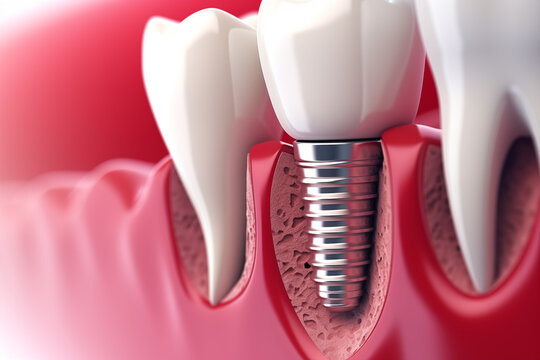 Schematic representation of a dental implant, tooth crown and gums