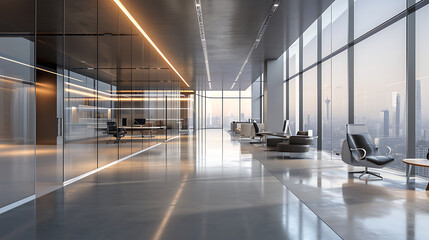 Um espaço de escritório elegante e minimalista com pisos de concreto polido e janelas do chão ao teto oferece uma vista panorâmica de uma metrópole movimentada