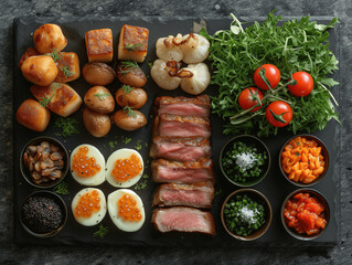 Obraz na płótnie Canvas Gourmet Steak and Eggs with Roasted Vegetables and Fresh Herbs