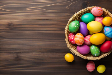 Fototapeta na wymiar Easter eggs are in bassket on wooden background