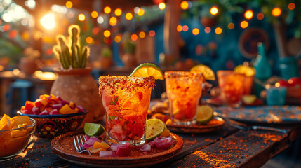 Cinco-de-mayo celebration concept. Top view photo of nacho chips salsa sauce chilli tequila with salt lime sombrero hats colorful serape
