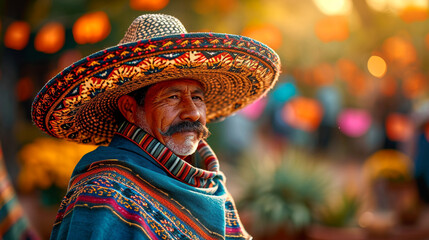 Mexican sombrero smiling man sitting with poncho in front of agave cactus - obrazy, fototapety, plakaty