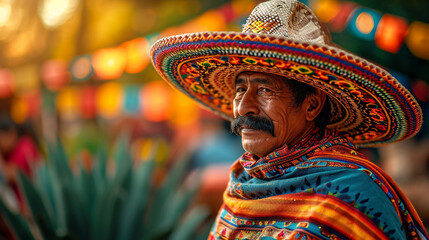 Mexican sombrero smiling man sitting with poncho in front of agave cactus - obrazy, fototapety, plakaty