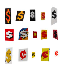 Ransom font type $ from printout magazine cutout, collage element for graphic design, png isolated on transparent background	