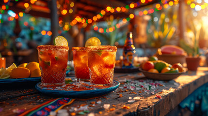 Cinco-de-mayo celebration concept. Top view photo of nacho chips salsa sauce chilli tequila with salt lime sombrero hats colorful serape - obrazy, fototapety, plakaty