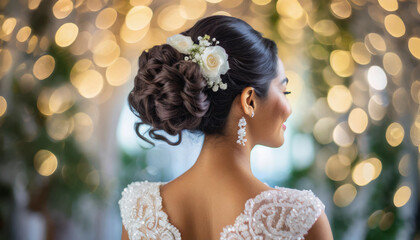 Bride's romantic elegance shines through as her beautifully styled updo, adorned with soft curls, frames the back of her head. Perfect for special occasions