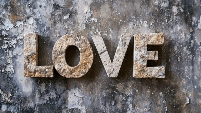 Travertino Love concept creative horizontal art poster. Photorealistic textured word Love on artistic background. Horizontal Illustration. Ai Generated Romance and Passion Symbol.