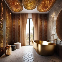 Room laden with gold curtains, ceiling, and tub in restroom latrine fleece interior design