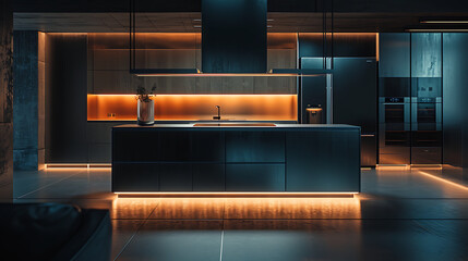 Uma cozinha elegante e moderna é iluminada por uma luz ambiente quente criando uma sensação aconchegante e futurista