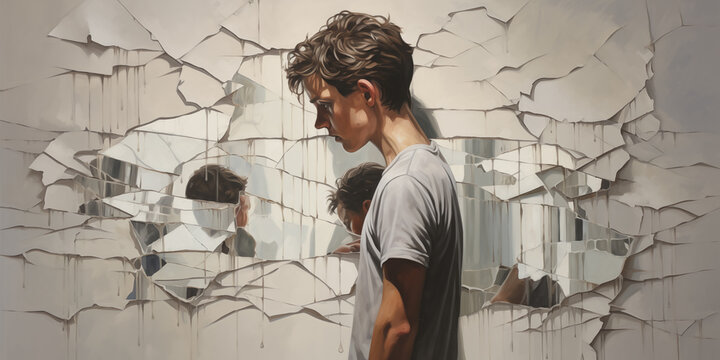 Young person leans against a wall, head bowed, surrounded by shattered mirrors. The fractured reflections symbolize the internal battles they face. AI Generative. Suicide committment.