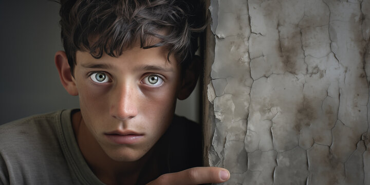 Young person leans against the wall, their gaze downward, silently expressing the struggles within, looking at you with pain in eyes, looking for help. Suicide committment problem. AI Generative.