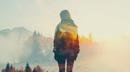 Double exposure portrait of woman hiking blended with mountain landscape background - obrazy, fototapety, plakaty
