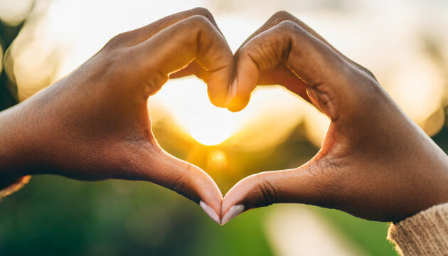 female hands create a heart shape against the radiant sky, symbolizing love, unity, and connection with the sun's warmth and positive energy
