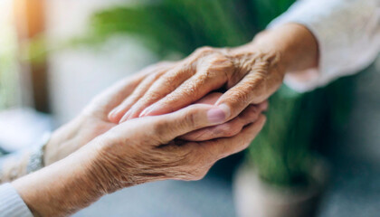 young woman and a senior lady, as they share a tender hand-holding moment, symbolizing intergenerational love and care - obrazy, fototapety, plakaty
