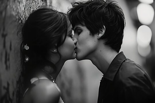 Furtive kisses of two young lovers, artistic black and white photo.