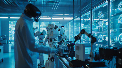Um laboratório elegante e moderno é preenchido com o suave brilho da tecnologia futurista  Robôs avançados se movem graciosamente suas formas metálicas refletindo as luzes azuis frescas do