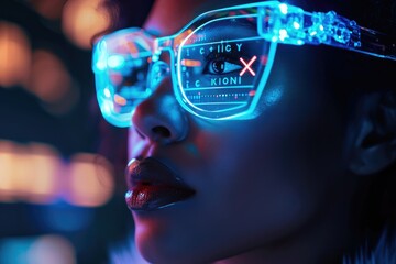 Neon glowing AI glasses - obrazy, fototapety, plakaty