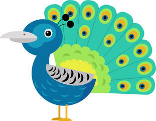 cartoon scene with peacock animal bird stading happy and proud isolated illustration for children