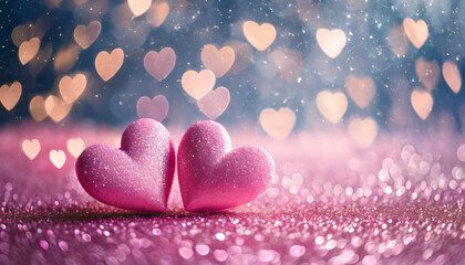  pink hearts on a sparkling abstract background symbolize love and romance, creating a captivating visual for Valentine's Day concepts