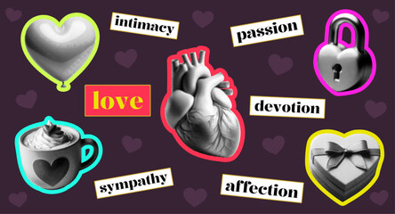 love concept template design with heart balloon mug gift box padlock retro grunge halftone dotted collage element set on dark purple background