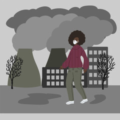 Vector hand drawn illustration with women in mask. Woman wearing mask against smog. City landscape chimneys emit smoke harmful emissions polluted air poor ecology in the city. Air pollution concept