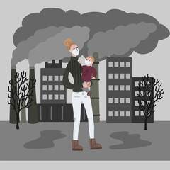 Vector hand drawn illustration with women in mask. Woman wearing mask against smog. City landscape chimneys emit smoke harmful emissions polluted air poor ecology in the city. Air pollution concept