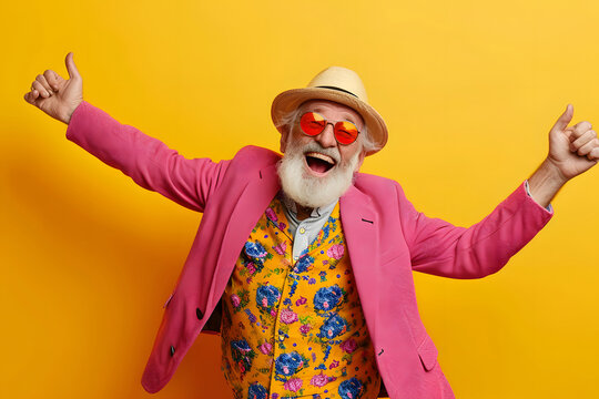 Portrait of a happy senior man in hat and sunglasses over yellow background