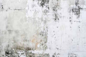 deteriorating white wall with varied stains and patterns of decay. The paint is peeling off in many areas, revealing different shades and textures underneath.
