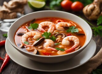 Spicy Thai Tom Yum soup with shrimp and mushrooms