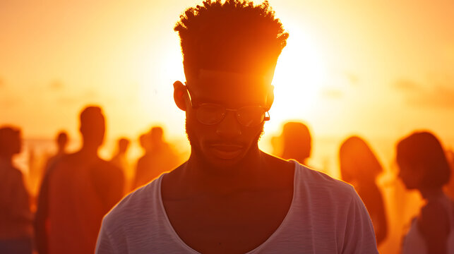 Portrait of young african american man at the beach during sunset.