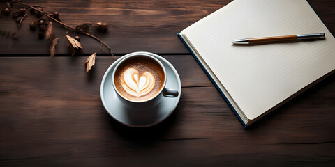 Coffee cup and notebook on wooden table, Top view with copy space