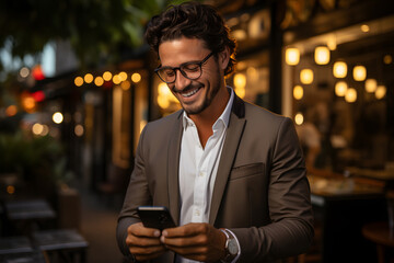 portrait of young man with glasses using cell phone in the city. ai generated