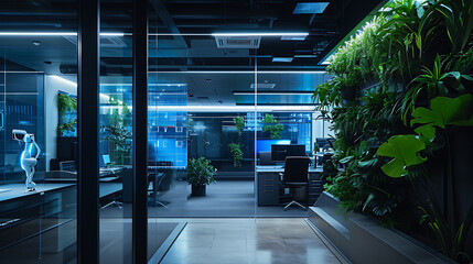 Um espaço de escritório elegante e moderno é iluminado pelo brilho suave das luzes de néon criando um ambiente futurista e vibrante - obrazy, fototapety, plakaty