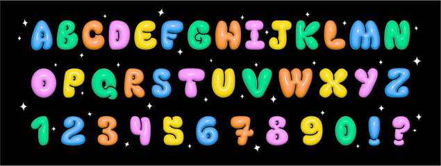 3D Colorful Bubble alphabet font. Typeface Design. Trendy font with glossy plastic effect and retro y2k style. Set with Alphabet and  Numbers. - obrazy, fototapety, plakaty
